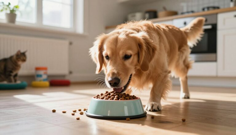 dog eating cat food